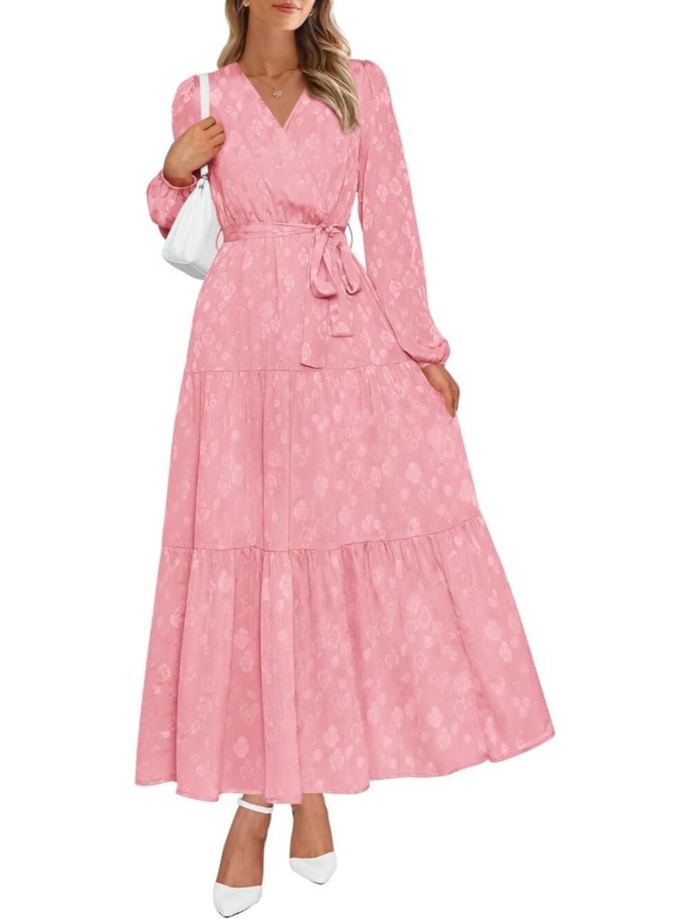 Women's Light Pink Long Sleeve Casual Boho Floral Wrap Wedding Guest Maxi Dress